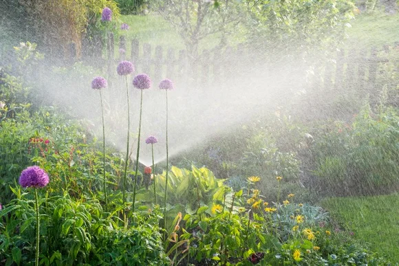 Ein Rasensprenger bewässert Blumen